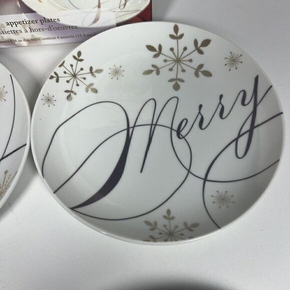 Pier 1 Holiday Wishes 4 Appetizer Plates In Box Gold Merry Happy Joy Jolly - Picture 5 of 8